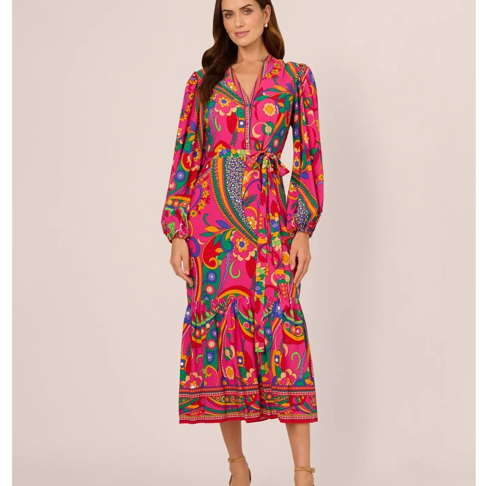 Adrianna Papell long sleeve retro midi dress